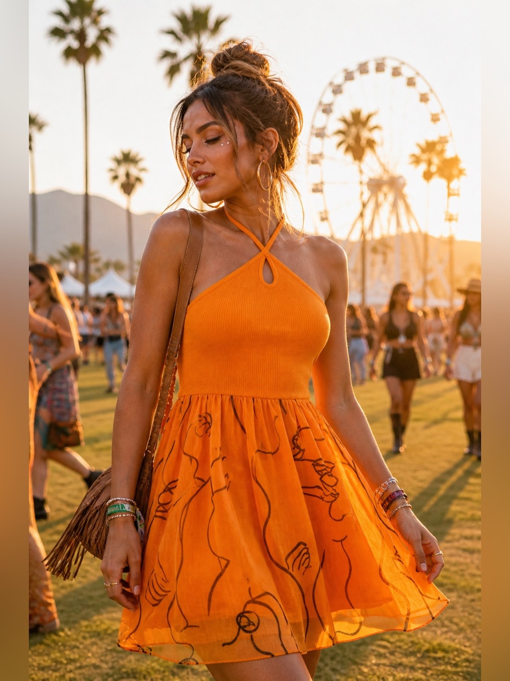 Zara x Dina Bukva Limited Novelty Print Halter Neck Dress Small Orange Mini C7